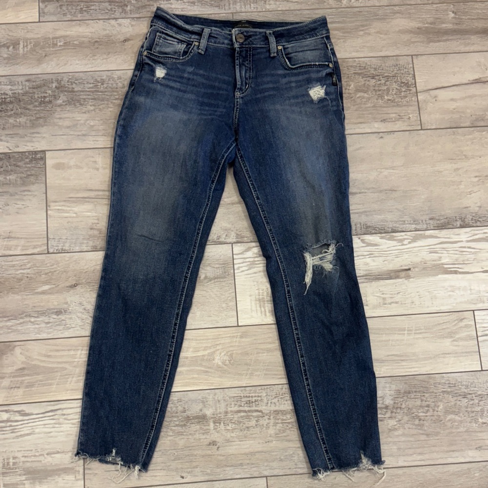 Silver Jeans Medium Blue Distressed Boyfriend Jeans